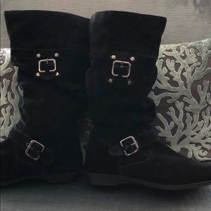 Black Suede Boots with Buckles & Rubber Soles, 8